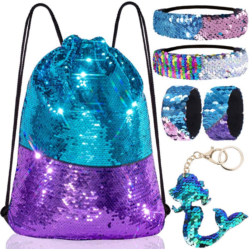 GA&EN Mermaid Reversible Sequin Drawstring Backpack/Bag Dark Blue/Dark Pink for Kids Girls One_Size - Image 1